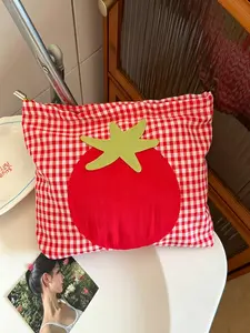 Red White Gingham Plaid Cosmetic Bag with Tomato Applique, Canvas Large Capacity Makeup Pouch, Cute Aesthetic Travel Toiletry Organizer for Women & Girls