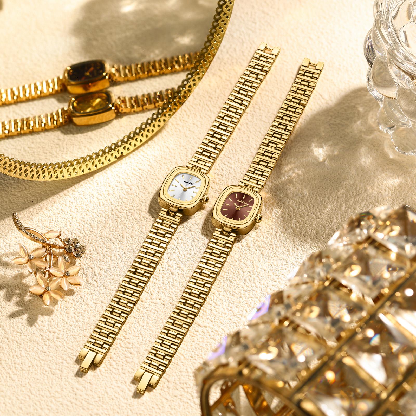 NIBOSI Vintage Bracelet Watches for Women Roman Dial Rectangular Case Gold Watch Waterproof with Tools