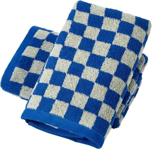 Bathroom Hand Towel Set of 2 Checkered Cotton Face Towel 14X30 Absorbent Soft Face Kitchen Towel Decorative Set Bathroom Decor (Blue, 2Packs)