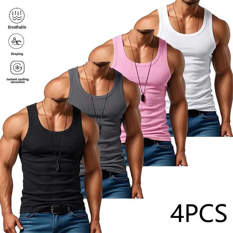 Clean Gent Summer Men’s Tank Tops 4-Pack, solid color casual slim fit sleeveless shirts, multiple colors available, fashionable trendy design, skin-friendly breathable sweat-wicking material, suitable for everyday wear and gym workouts, Father’s Day gift