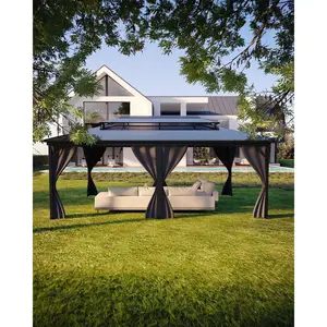 Garvee Hardtop Gazebo 12'x20', with Double Polycarbonate Roof, Aluminum Alloy Frame, Net, and Curtain, Permanent Building of Backyard Luxury, for Patio, Deck, Backyard, Lawn, and Garden, Gray