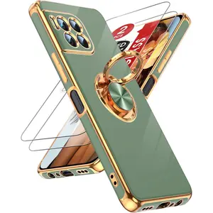 for T-Mobile Revvl 7 Pro 5G Case:(    ) 2 Pack Tempered Glass Screen Protector and 360° Rotatable Ring Holder Magnetic Kickstand, Plating Rose Gold Edge Case,Green
