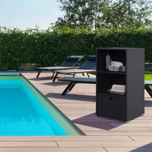 47" Poolside Rattan Wicker Towel Valet Organizer Cabinet with Storage for Indoor Outdoor Pools Hot Tubs Waterproof PE Plastic Material Practical Pool Accessory Drawer
