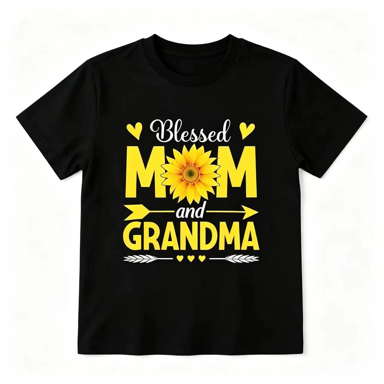 Blessed Mom And Grandma Sunflower Arrow Heart Graphic Black Crew Neck T-Shirt Mother’s Day Women Casual Tee (No Box Included)