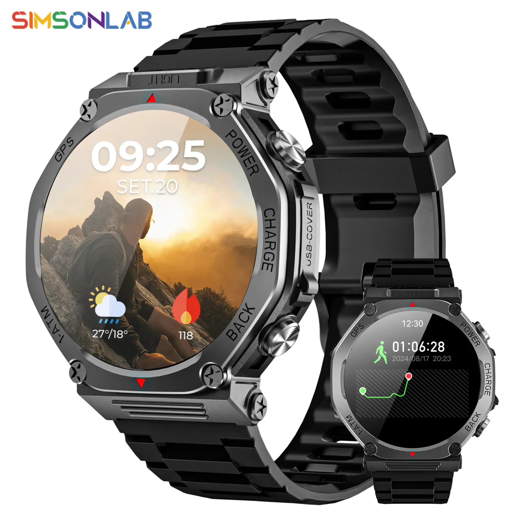 SIMSONLAB Smartwatch, 1.39 Inch HD Display with GPS Function, BT Make/Receive Calls, 1ATM Waterproof, Super Bright Flashlight, Reverse Charging Phone Emergency, Fitness Tracker with 100+ Sport Modes, 1200mAh High Capacity Battery Long Life, Gift