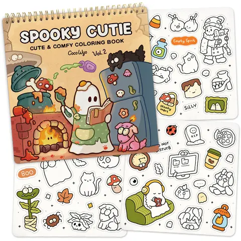 Coco Wyo Spooky Cutie Vol.2 Spiral Bound Coloring Book & Cute Stickers Set - Halloween Aesthetic Office Art Supplies, Cozy 8.5" Size Lay-Flat Binding, Adult Halloween Activity