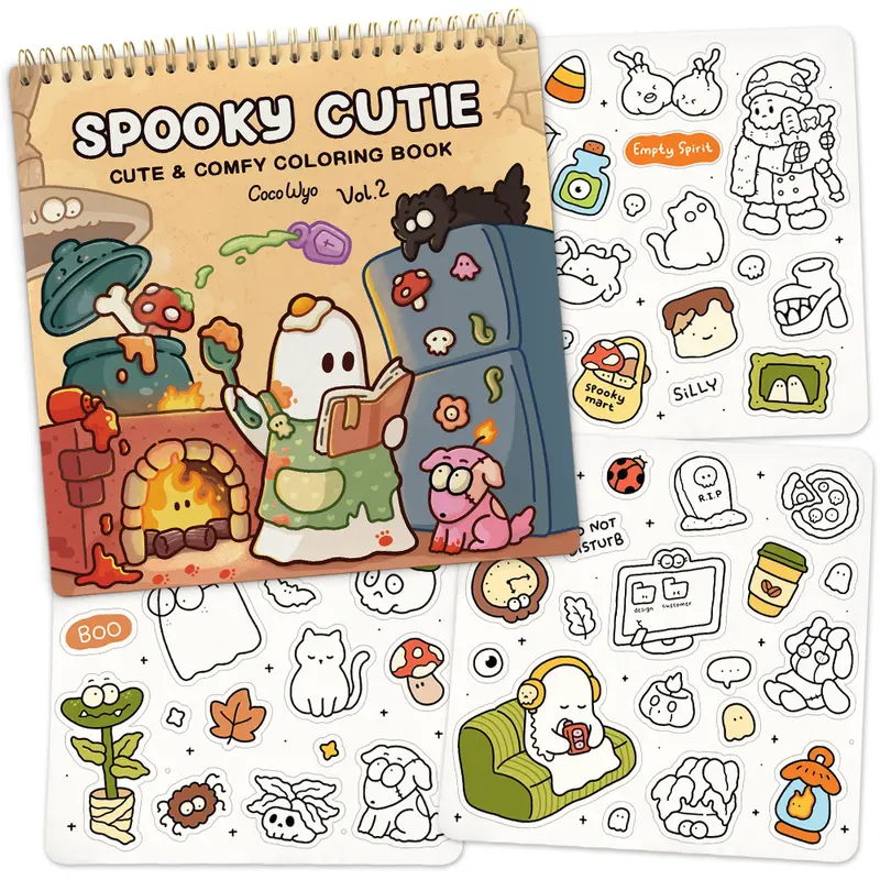 Coco Wyo Spooky Cutie Vol.2 Spiral Bound Coloring Book & Cute Stickers Set - Halloween Aesthetic Office Art Supplies, Cozy 8.5" Size Lay-Flat Binding, Adult Halloween Activity