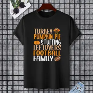 Cute Thanksgiving Turkey Stuffing Leftovers Football Family T-Shirt, 100% Cotton, Single Side Printed, Black Short Sleeve T-shirt, Gift for Family Friends, S-XXXL, 1 pc, Fabric Weight 180g