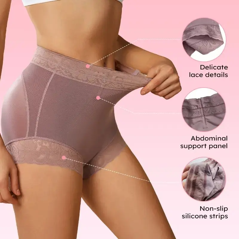Women's High-Waist Lacey Shapewear Briefs - Wedding & Waist Training Use, Butt-Lifting, Tummy-Slimming, Comfortable Cotton Crotch, Drop-Glue Faja, Compression Underwear, Elegant Fit