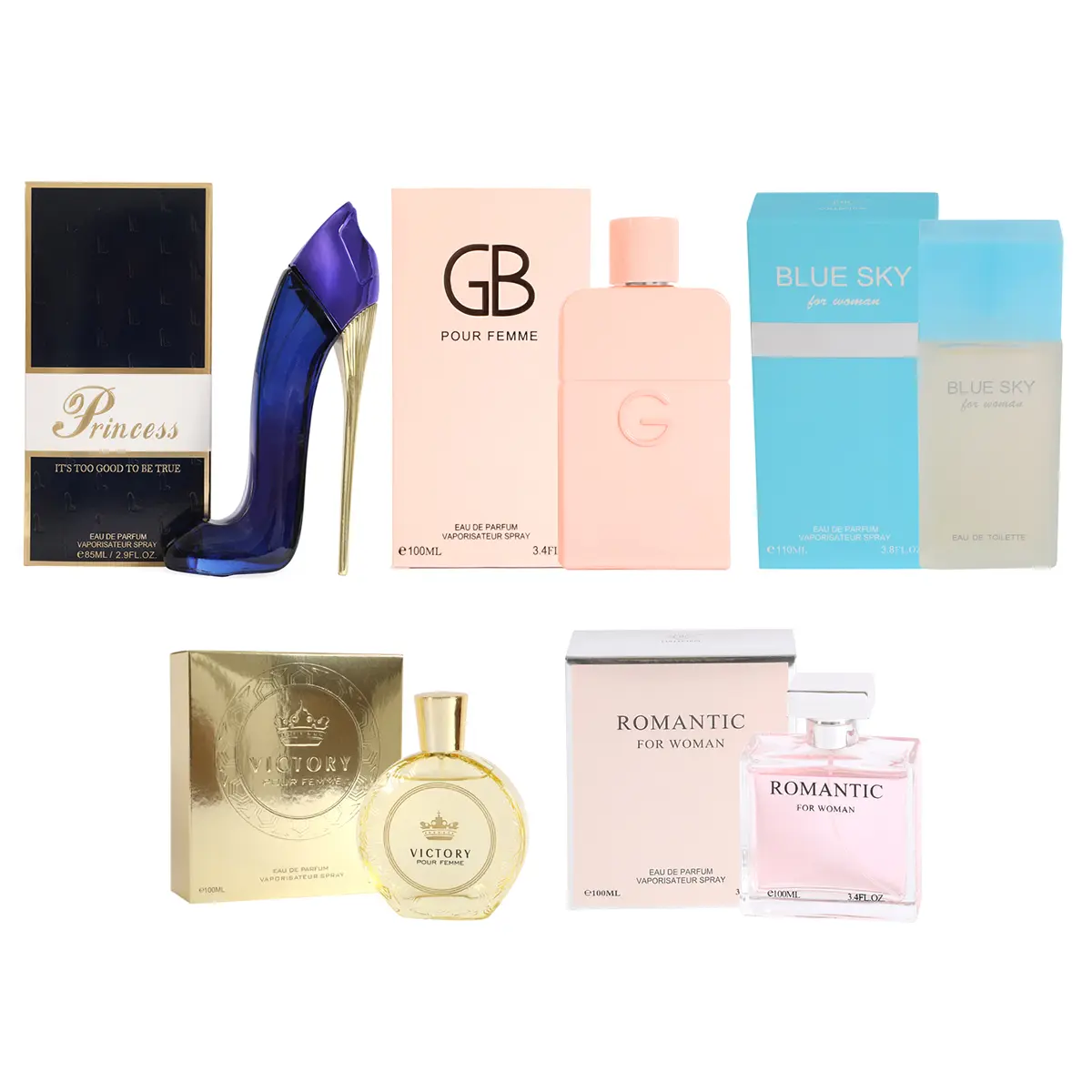 Bundle of EBC Perfume, Princess Its Too Good to Be True, GB Pour Femme, Blue Sky and Victory Eau De Parfum Spray for Women