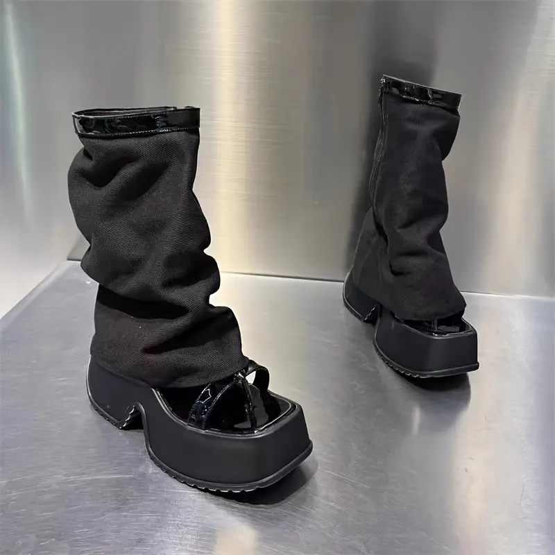 Women's Chunky Platform Ankle Booties - Round Toe, Zipper Closure, Synthetic Upper, Rubber Sole, Mid-Heel, Black Shoes, Petite Women's Fit, Casual & Semi-Formal Use, Height Enhancer, Durable Traction, Solid Color