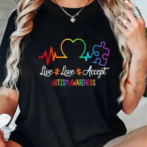 100% Cotton Autism Awareness T-Shirt, Crew Neck, Medium Stretch Knit Fabric, Alphabet Pattern with Puzzle Heartbeat Design, for All Seasons