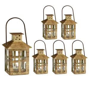 Kate Aspen Mini Decorative Candle Lanterns, Set of 6, Vintage Distressed Metal Lantern Candle Holders for Wedding Centerpiece, Home Decor and Party Favor, Gold