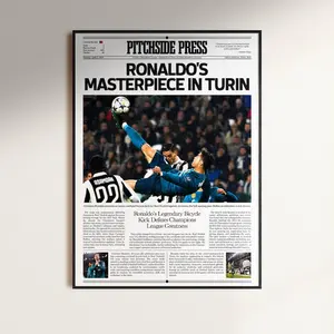 2018 Cristiano Ronaldo Bicycle Kick Juventus Poster, Soccer Poster Print, Football Wall Print, Sports Newspaper Front Page