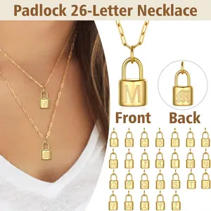 FindChic Dainty Initial Lock Necklaces 26 Letters A-Z Golden Two-layers Padlock Pendant Paperclip Chain Necklace Set For Women Men