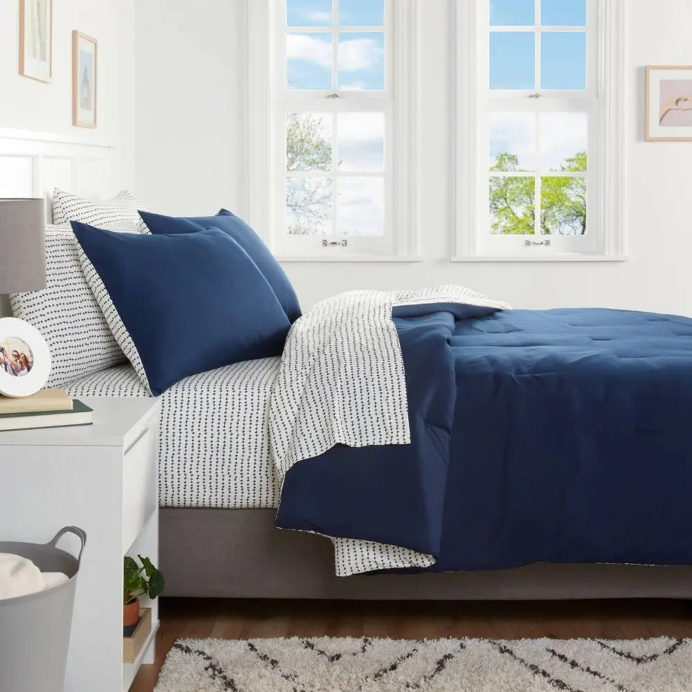 7pc Full Solid Microfiber Comforter & Sheets Set Navy/Gray - Room Essentials: Quilted Plain Weave OEKO-TEX Certified