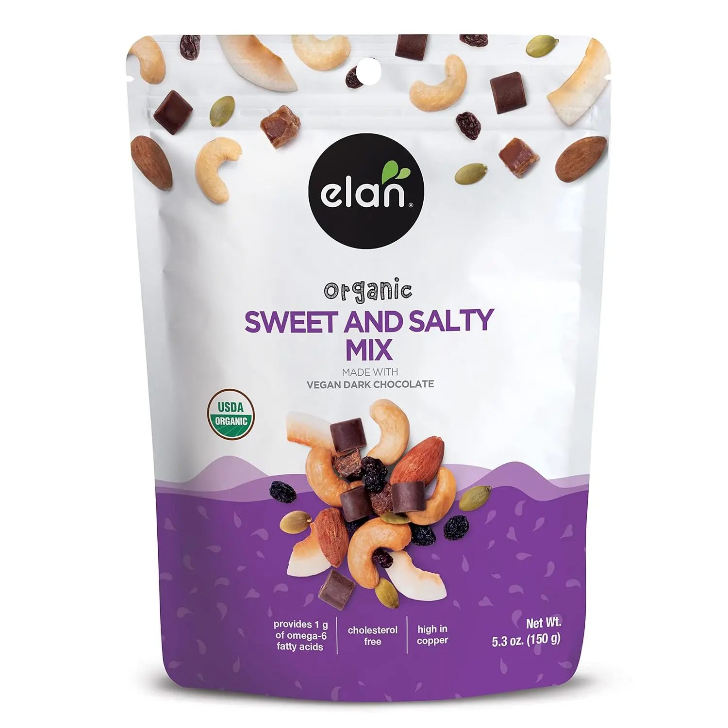 Elan Organic Sweet & Salty Mix, 5.3 oz, Non-GMO, Gluten-Free, Vegan, Kosher, Vegan Dark Chocolate, Dried Fruits (Raisins, Dates), Nuts (Roasted Cashews, Roasted Almonds) & Pumpkin Seeds