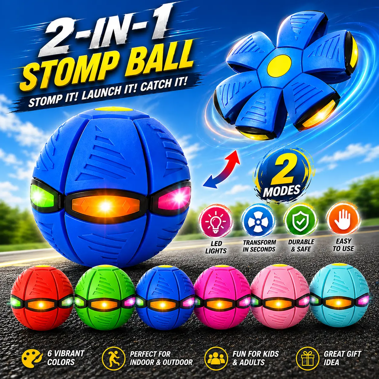 Colorful Kids Bouncing Ball with 6 LED Light, Magic Flying Saucer Ball, Bouncy Balls, Dual Form Freely Switchable, Suitable for Indoor & Outdoor Use