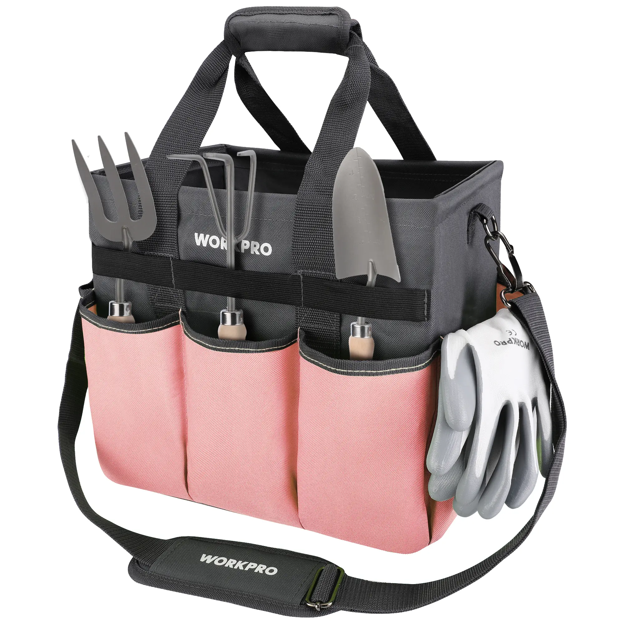 #summersale WORKPRO Garden Tool Bag, Heavy Duty Gardening Tote Bag Organizer with 10 Pockets and Long Adjustable Shoulder Strap, Standable Garden Home Tool Kits Organizer, Pink - Pink Ribbon