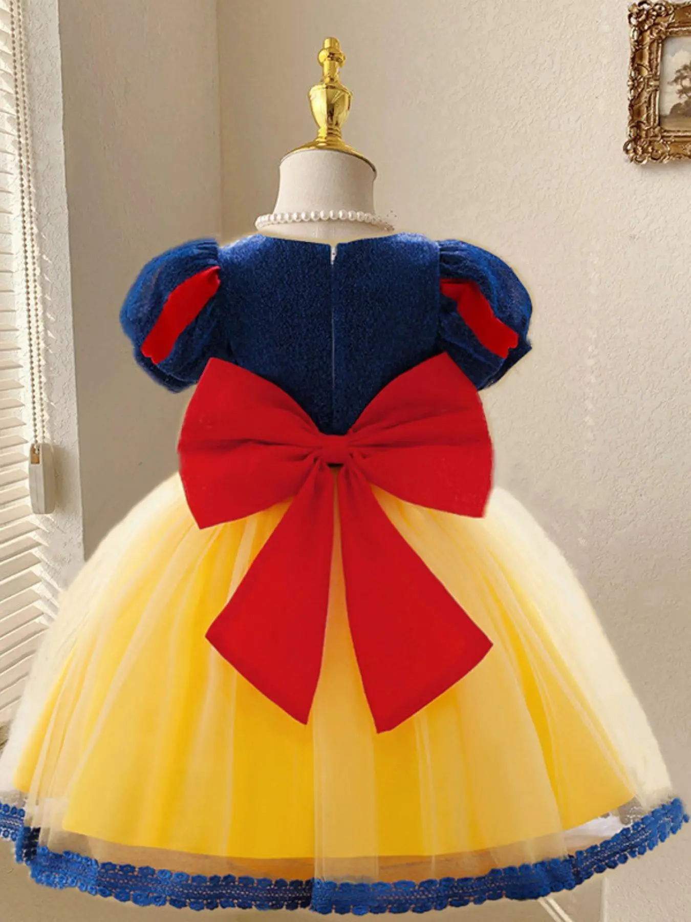 Girl's Colorblock Big Bow Decor Contrast Lace Mesh Fit and Flare Party Dress, Cute Puff Sleeve Zipper Back Tulle Dress for Party, Kids Clothes for All