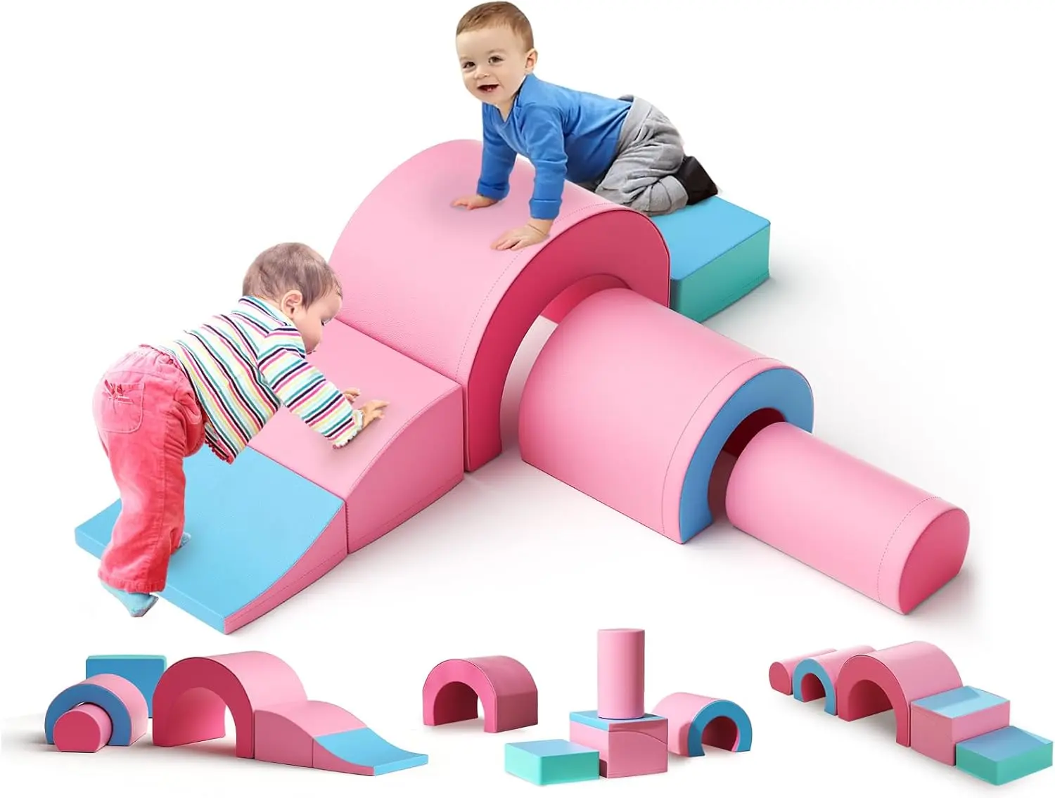 Unisex Kids 5-Piece Foam PU Leather Climbing Blocks Indoor Playground Set - Foldable with Climb Tunnel, Toddler-Sized for Age 1+ (Pink, Blue)