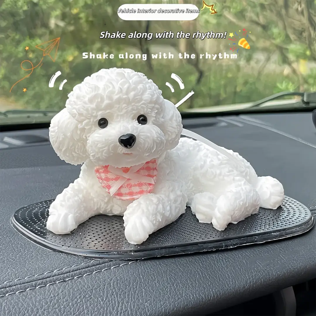 White Poodle Car Dashboard Ornament - 7.5cm x 13.5cm Figurine with Red Checkered Bandana, Easy to Place, Stress Relief Decor for Vehicle, Home Desk, Bedroom, Car Interior Accessories (Birthdays Gift Option), Car Dashboard Decorations, Car Interior Accesso