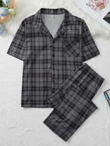Men's Spring & Fall Sleepwear Set, Long Sleeve Pants Cardigan Lapel Two-Piece, Plaid Print Casual Comfortable Home Wear