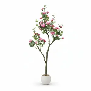 6FT Artificial Rose Tree, Plastic Faux Plant with White Striped Oval Planter, Decorative Tree for Home, Office, Wedding, Party, Thanksgiving, Christmas