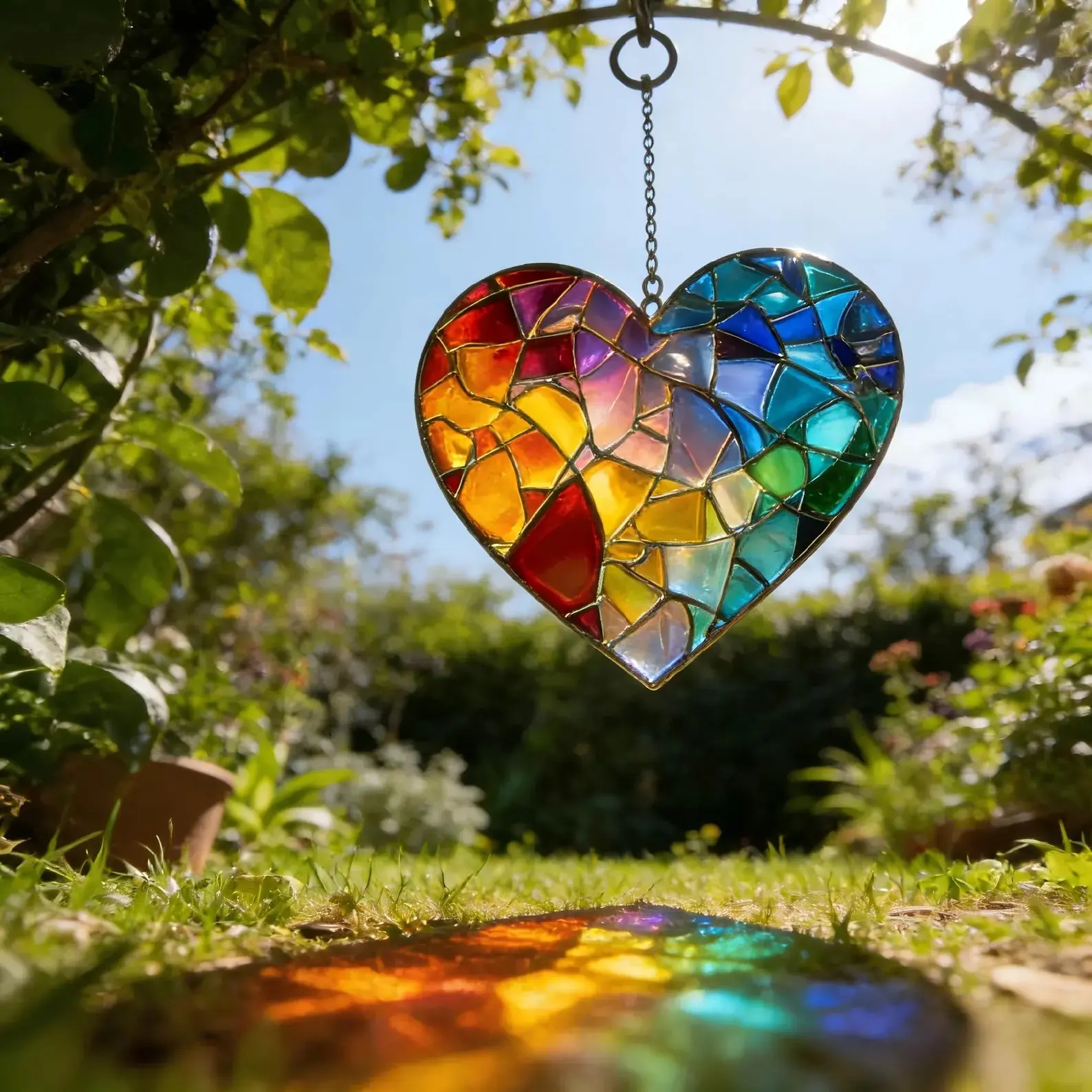 Rainbow Heart Stained Glass Suncatcher Mosaic Window Hanging Love Light Catcher
