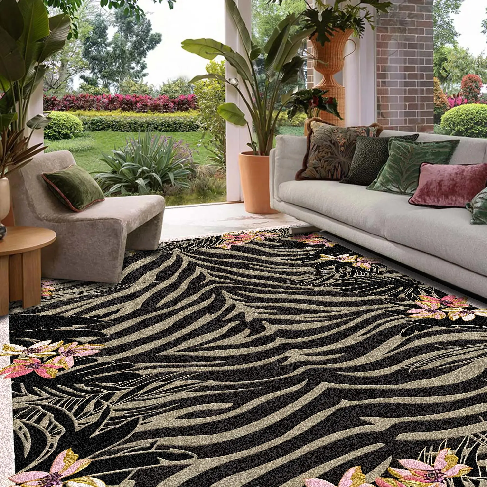 Vintage Tropical Floral Zebra Texture Pattern Carpet, Animal Printed Rug, Super Soft Rug, Home Decor Rugs, 1 Count Non-slip Soft Floor Mat, Decorative Area Rug for Home Living Room Bedroom