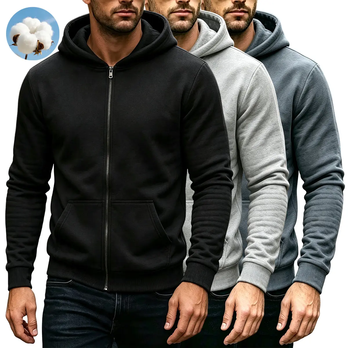 Men’s full-zip hooded jacket, casual long-sleeve drawstring design; fashionable autumn/winter outerwear with pockets and hood drawstrings; men’s zip-up sweatshirt; trendy menswear top suitable as a gift for men.