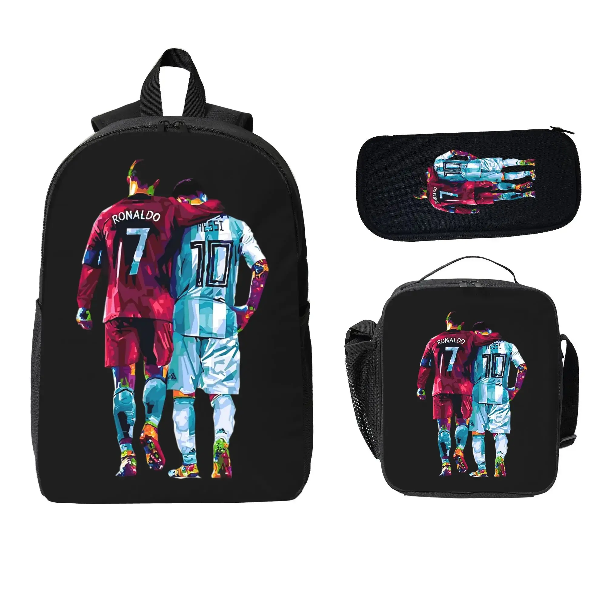 CR7 Football Theme Player Print 3-Piece Unisex Backpack Set Pack, Chic Basic Durable Large-Capacity School Bag Bundle with Lunch Bag & Pencil Case for Teens Students, Back To School Haul, Daily Use Bags