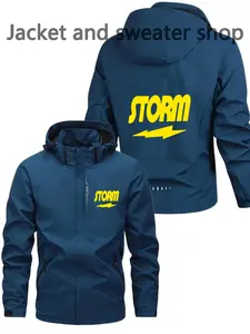 Men's Lightweight Polyester Fashion Hooded Jacket, Storm Print, Front Zipper, Casual Outdoor Spring Summer Coat