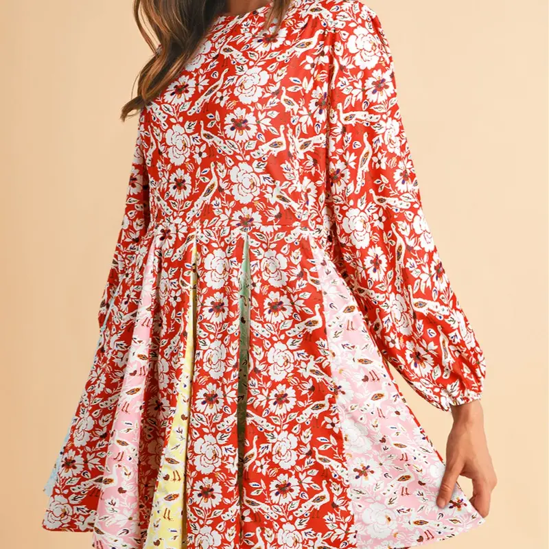 Women's Red Colorful Floral Patchwork Long Sleeve Pleated Mini Dress