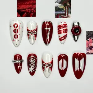 Kpop Inspired Press-On Nails | Red White Silver Retro Bows, 7, Stars