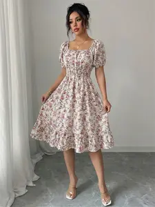 Summer Casual Square Neck Short Sleeve Ruched Waist Pleated Beach Vacation Floral Dress, Women's Fashionable Holiday