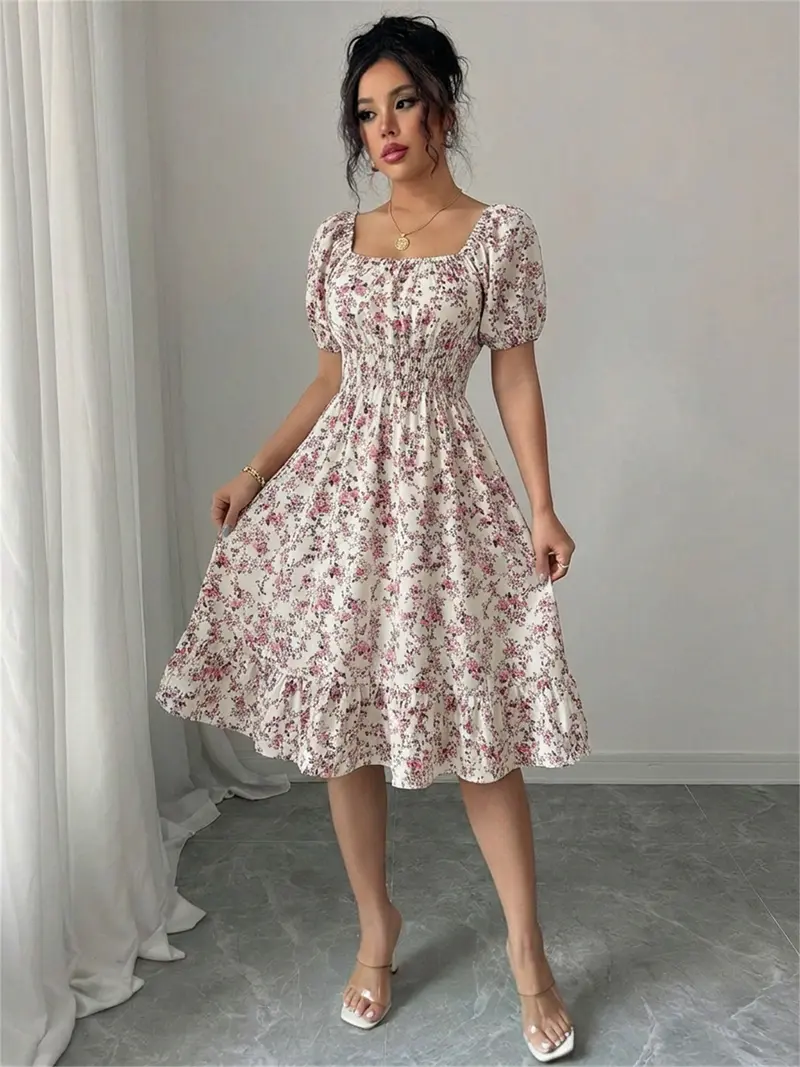 square neck short sleeve ruched floral midi dress Floral Mesh Square Neck Ruched Midi Dress