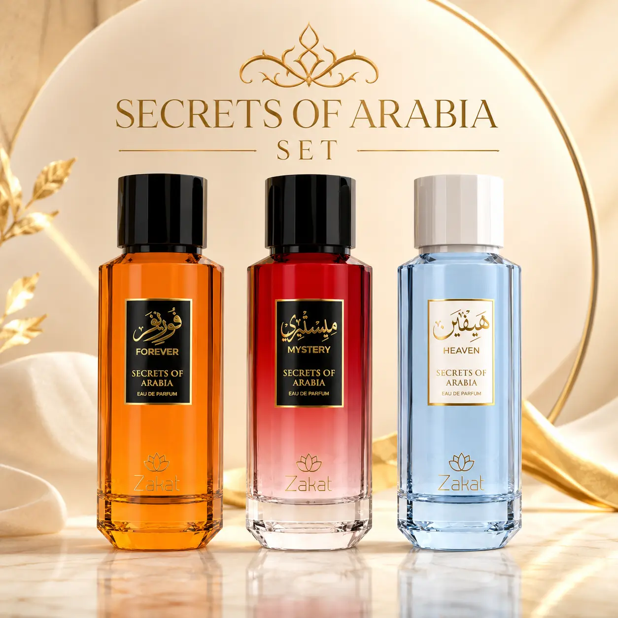 Zakat Secrets of Arabia Luxury Unisex Eau de Parfum Gift Set - Forever, Mystery & Heaven Scents, 3 x 100ml Long-Lasting Arabian Fragrance Collection
