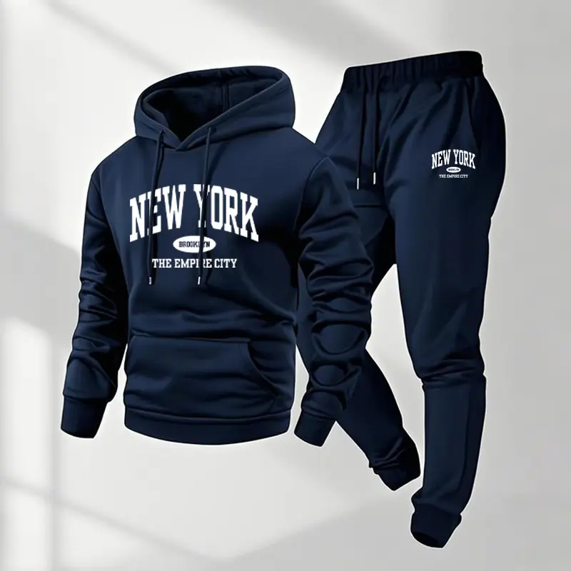 Men's 2-Piece Tracksuit - Loose Comfy Fit NYC Print Impact Hoodie & Drawstring Waist Polyester Sweatpants, Athleisure, Sporty Chic, Long Sleeve, Machine Wash, Indoor/Outdoor, 2XL, Mensfashion, Male