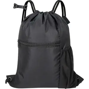 Men & Women Outdoor  Gym Sack  Drawstring Backpack Bag (Standard with drawstring, Black)