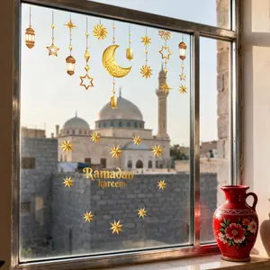 Ramadan Kareem Moon Lantern 2D Static Cling Window Sticker, 11.81x23.62 Inches, Modern Style, One-Time Use, Ramadan Festival Decoration