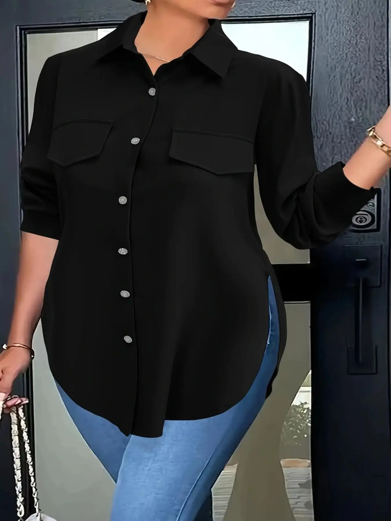 Plus Size Fitted Plain Button Front Split Hem Blouse Shirts, Casual Long Sleeve Fake Pocket Buttoned Collared Top for Daily Wear, Women's Plus Clothing for All Seasons, Womenswear Aesthetic