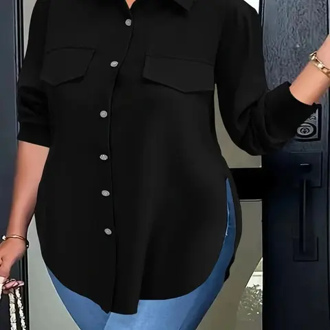 Plus Size Fitted Plain Button Front Split Hem Blouse Shirts, Casual Long Sleeve Fake Pocket Buttoned Collared Top for Daily Wear, Women's Plus Clothing for All Seasons, Womenswear Aesthetic