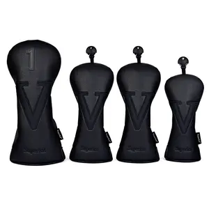 SuperKit Golf Wooden Hood V Series Club Head Covers Black Full Set for Enhanced Protection and Style Premium Quality Material Accessories Leather Hybrid Driver Funny Headcover Top Fan Top Cover for Women Golfers
