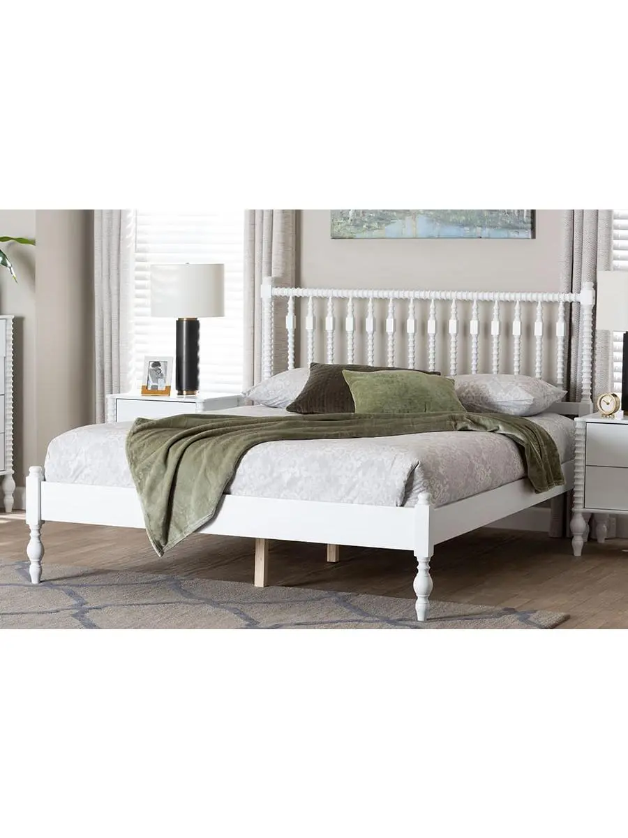 Baxton Studio 193271498291 9.80 in. Callison Spindle Platform Bed - Turned Farmhouse Bed Frame with Spoked Headboard & Sculpted Legs, White - Queen Size
