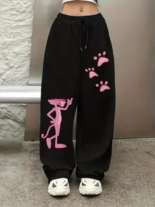 Women's Casual Sports Pants, Panther Print, Elastic Fitted Waist Drawstring Wide Leg Straight Trousers, All Season Pocket Design