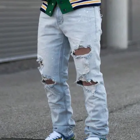 Men's Solid Ripped Straight Leg Jeans, Street Fashion Casual Loose Denim Pants for Daily Wear, Men's Trousers for Spring & Fall, Jeans for Men, Going Out Bottoms, Cotton, Ripped Design, Distressed Jeans, Classic Jeans, Jeans Style