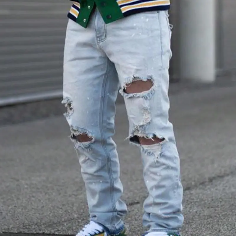 Men's Solid Ripped Straight Leg Jeans, Street Fashion Casual Loose Denim Pants for Daily Wear, Men's Trousers for Spring & Fall, Jeans for Men, Going Out Bottoms, Cotton, Ripped Design, Distressed Jeans, Classic Jeans, Jeans Style