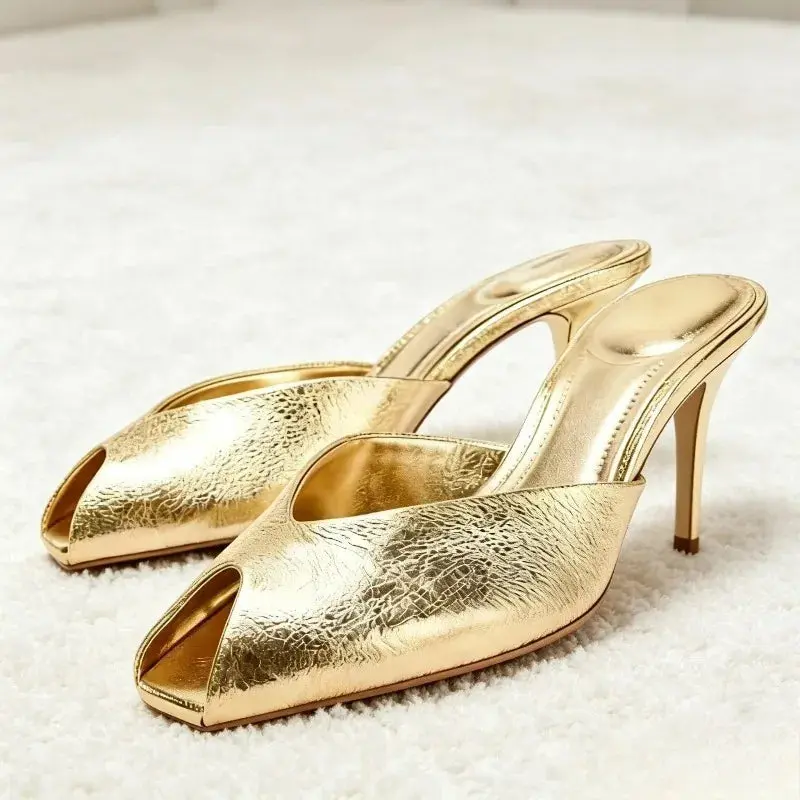 Women's Gold Heeled Slide Sandals Summer Walking Shoes