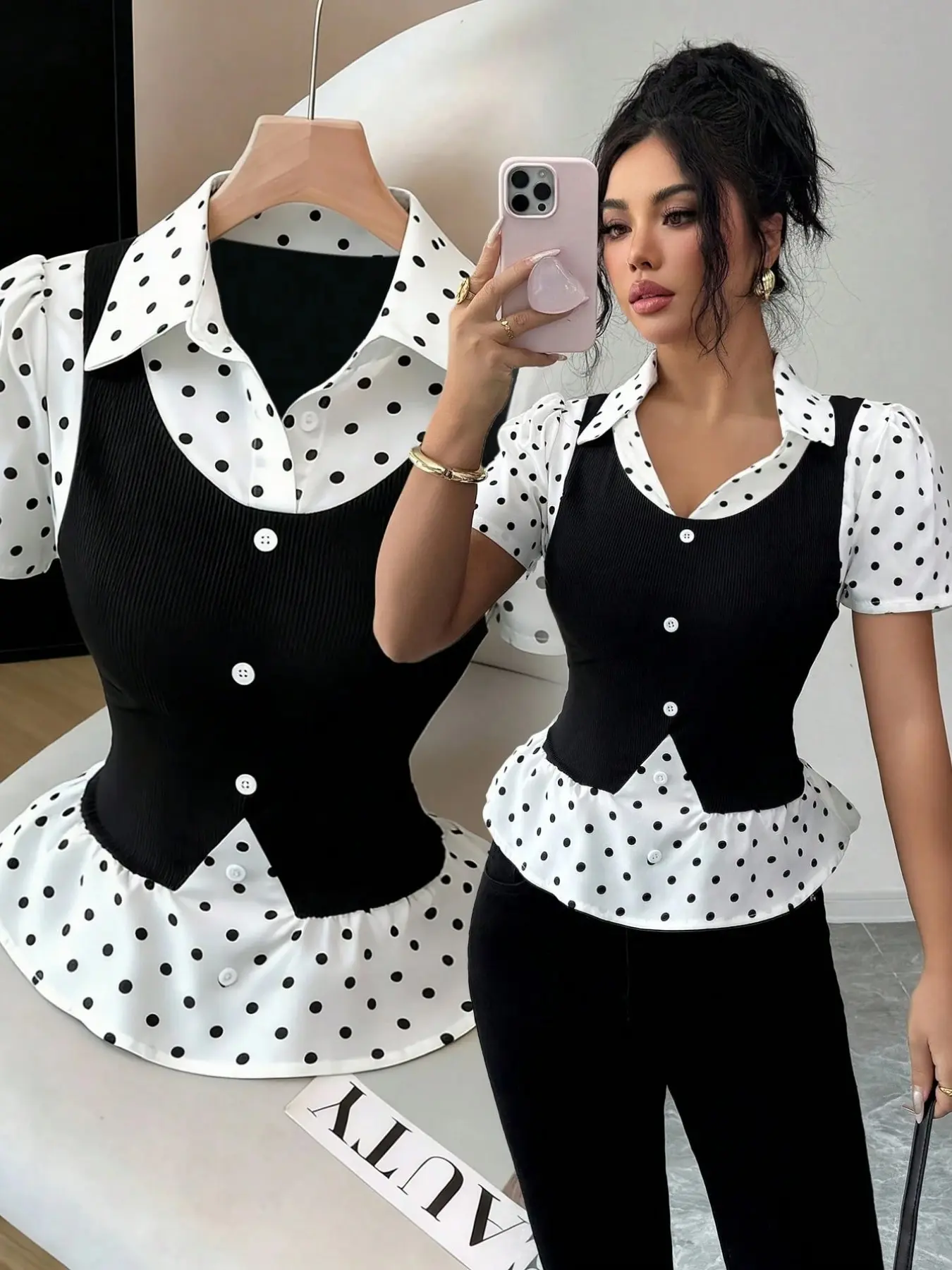 Women's Polka Dot Patchwork Ribbed Fitted Shirt Blouse Neck Short Sleeve Top, Elegant and Refined, Perfect for Various Occasions